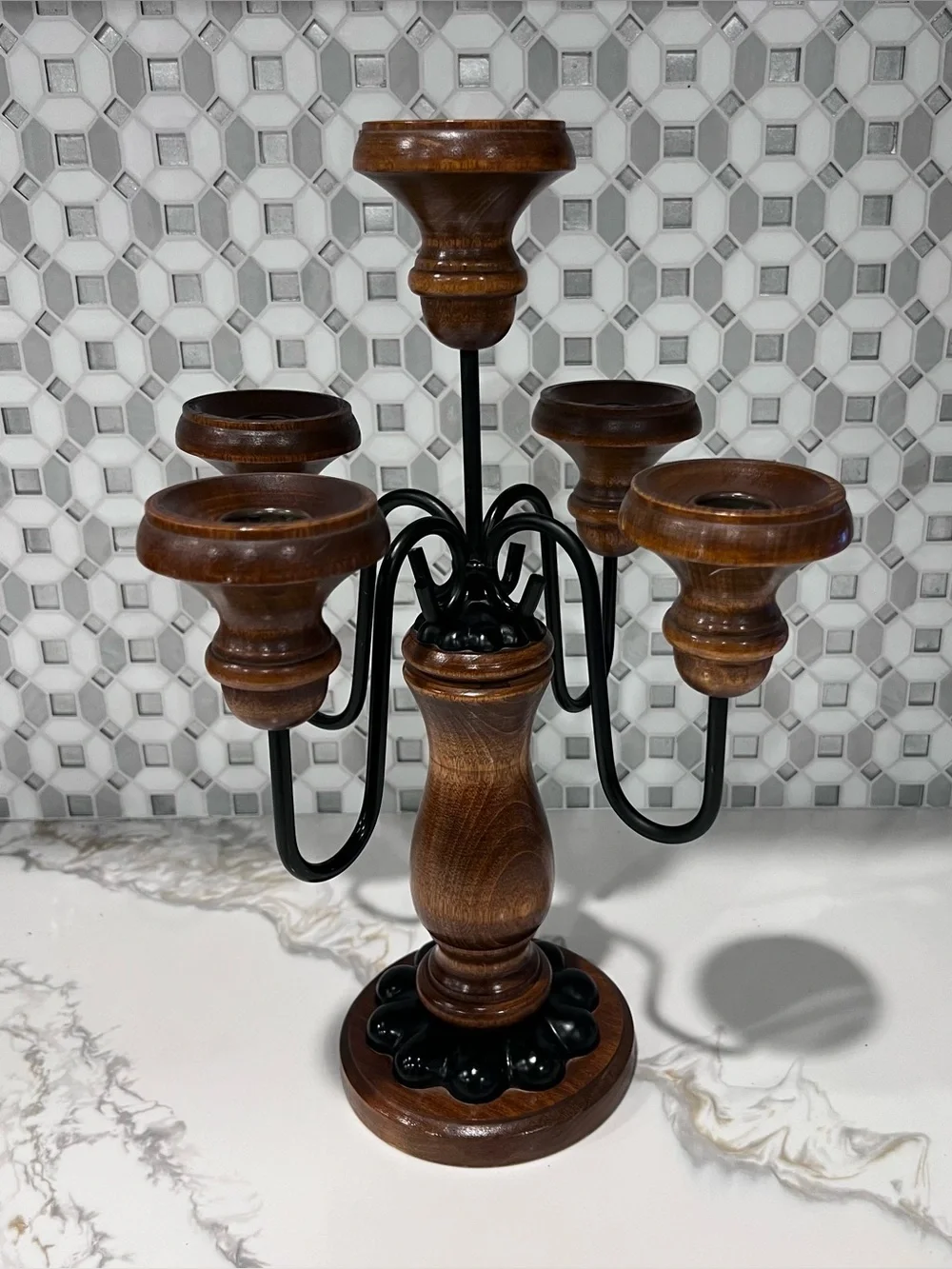 Homco Candelabra Vintage 1960s Brown 5 Arm Wood Iron Rustic Candle Holder